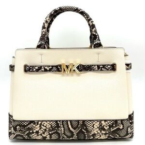 Michael Kors Large Reed Leather Belted Satchel Crossbody Bag Cream Snakeskin